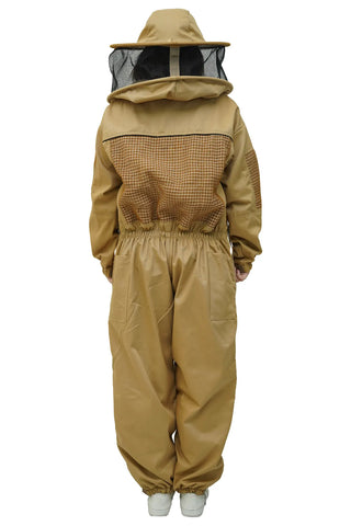 Khaki poly cotton semi ventilated beekeeping suit back view with the round hat veil