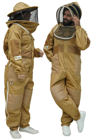 Khaki poly cotton semi ventilated beekeeping suit shown on two models wearing the fencing veil and the round hat veil