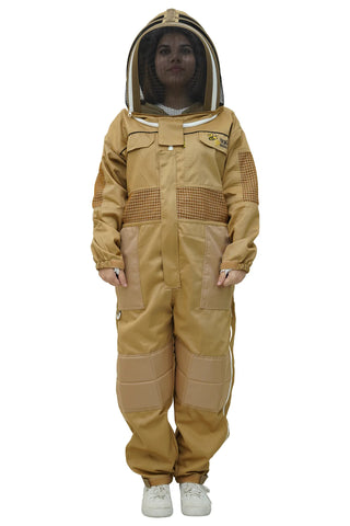 Khaki poly cotton semi ventilated beekeeping suit front view with the fencing hat veil
