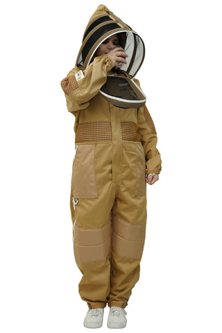 Beekeeper drinking water through the fencing veil of the khaki poly cotton semi ventilated beekeeping suit
