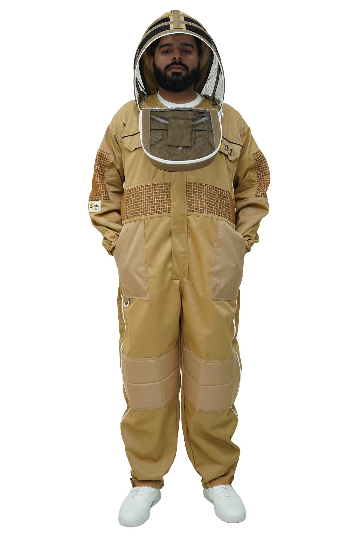 Khaki poly cotton semi ventilated beekeeping suit front view with the fencing veil