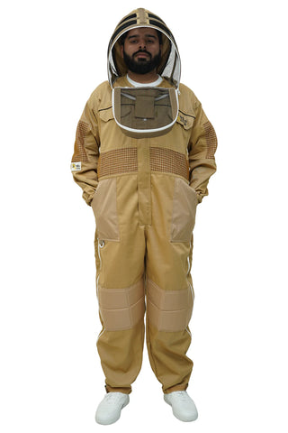 Khaki poly cotton semi ventilated beekeeping suit front view with the fencing veil