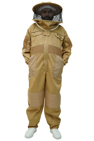 Khaki poly cotton semi ventilated beekeeping suit front view with the round veil