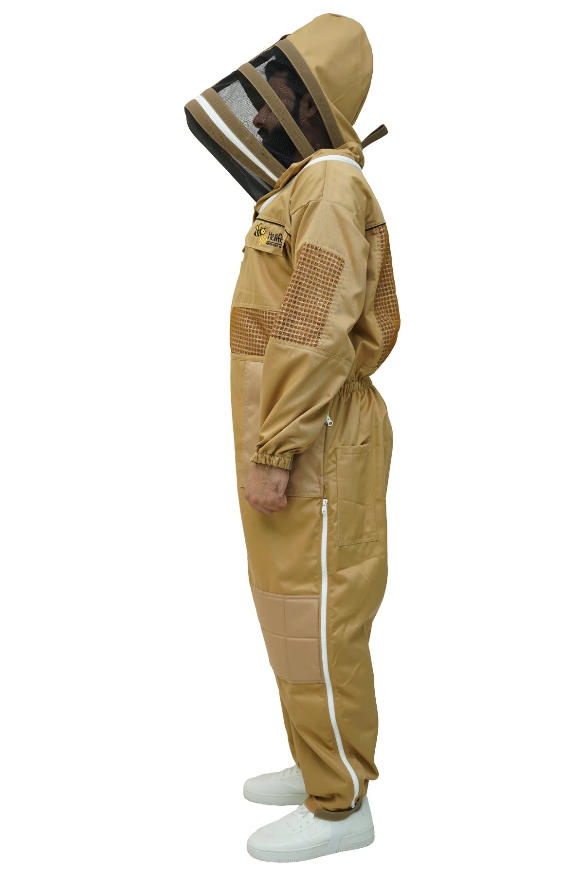 Khaki poly cotton semi ventilated beekeeping suit side view with the fencing veil