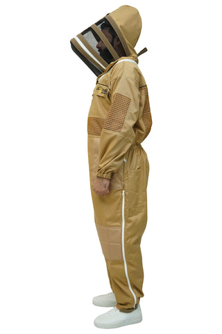 Khaki poly cotton semi ventilated beekeeping suit side view with the fencing veil