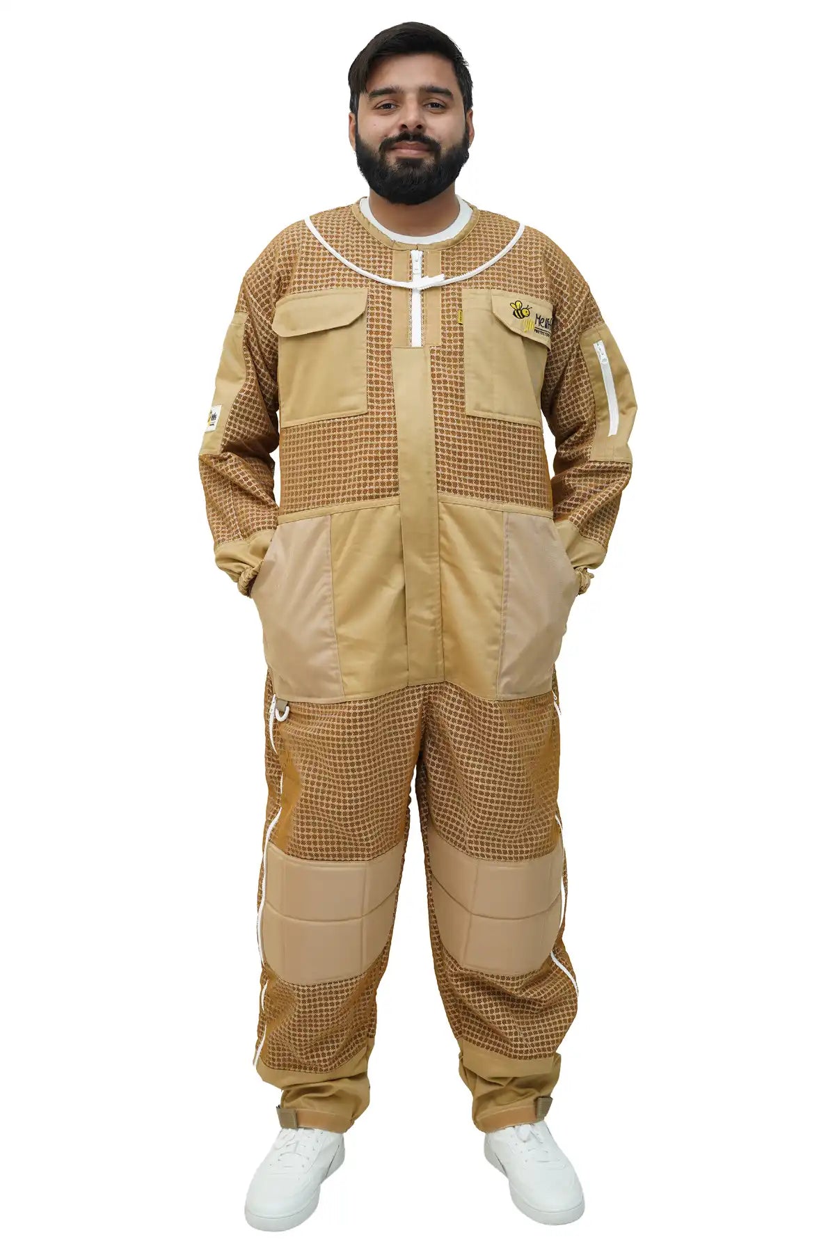 Khaki ventilated 3-layer mesh beekeeping suit without veil – front view showing chest pockets and mesh panels – men's beekeeper protective suit – USA