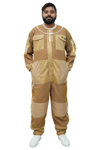 Khaki ventilated 3-layer mesh beekeeping suit without veil – front view showing chest pockets and mesh panels – men's beekeeper protective suit – USA