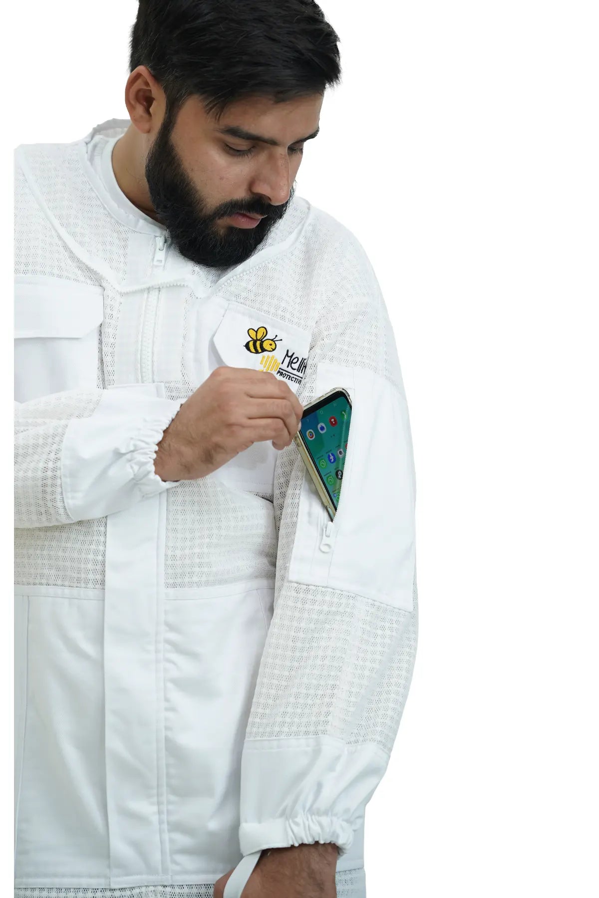 Mellifera beekeeping suit zippered chest pocket storing smartphone – convenient field use USA