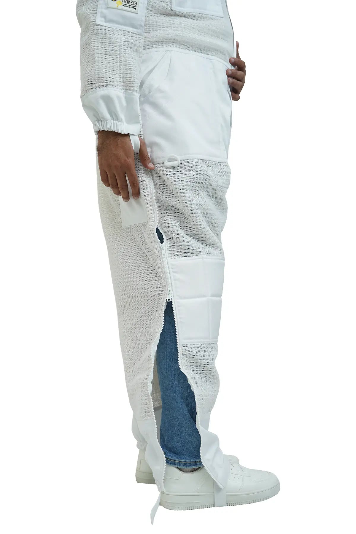Mellifera beekeeping suit zippered hip pocket holding smartphone – practical storage feature USA
