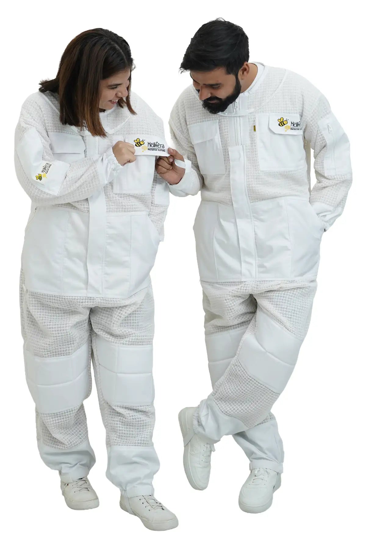 Mellifera beekeeping protective suit worn by male and female models showing brand patch detail – USA