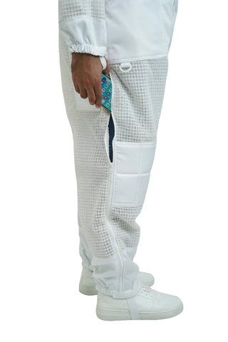 Mellifera beekeeping suit leg zipper open showing easy on-off feature for US beekeepers