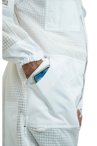 Mellifera beekeeping suit zippered hip pocket holding smartphone – practical storage feature USA