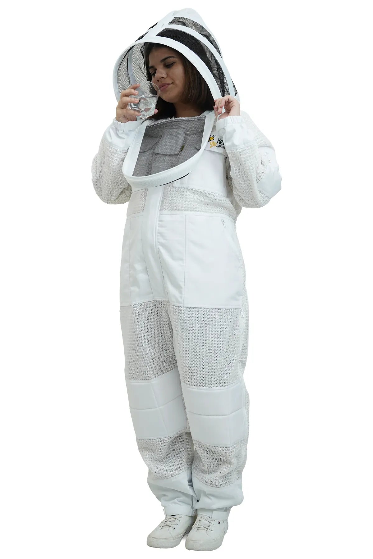 Mellifera women's beekeeping suit demonstrating fencing veil lift-up feature – USA beekeeping gear