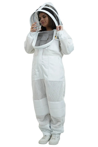 Mellifera women's beekeeping suit demonstrating fencing veil lift-up feature – USA beekeeping gear
