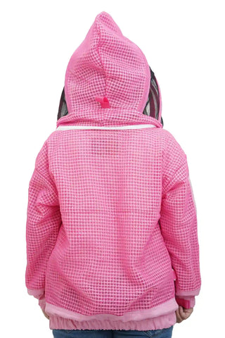 Pink 3 layer ventilated mesh beekeeping jacket back view with the veil hood folded up at the back