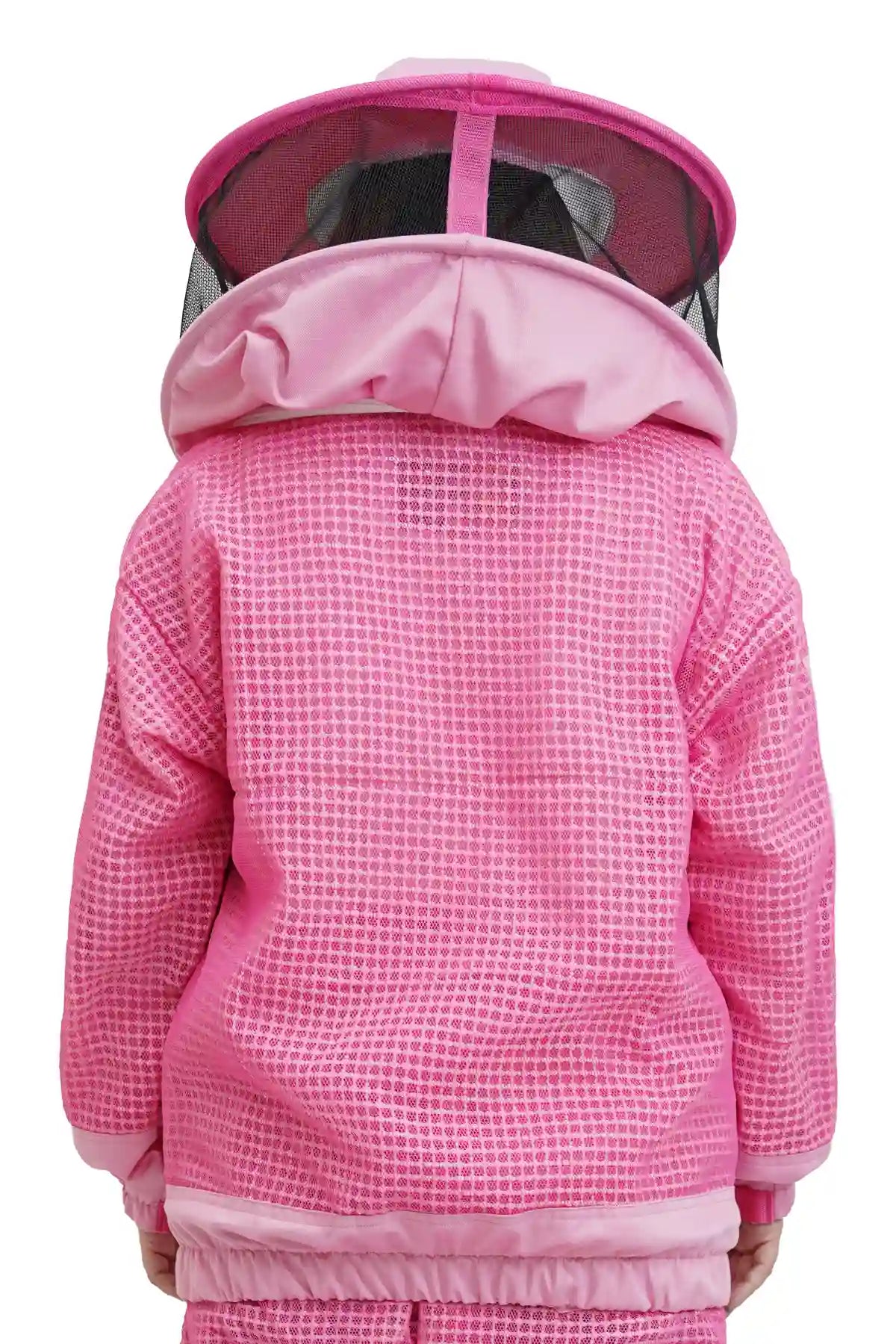 Pink 3 layer ventilated mesh beekeeping jacket back view with the round hat veil