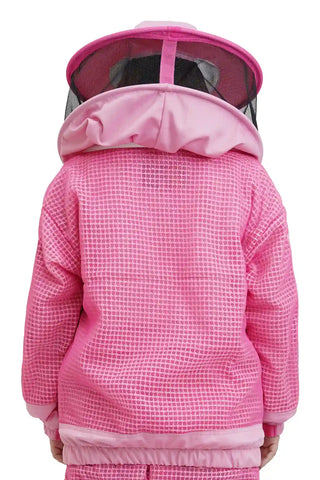 Pink 3 layer ventilated mesh beekeeping jacket back view with the round hat veil