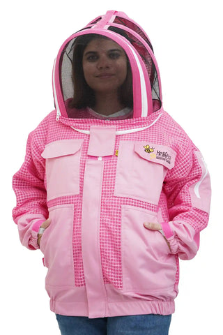 Pink 3 layer ventilated mesh beekeeping jacket front view with the fencing veil