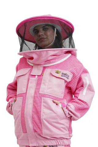 Pink 3 layer ventilated mesh beekeeping jacket front view with the round hat veil