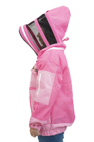 Pink 3 layer ventilated mesh beekeeping jacket side view with the fencing veil