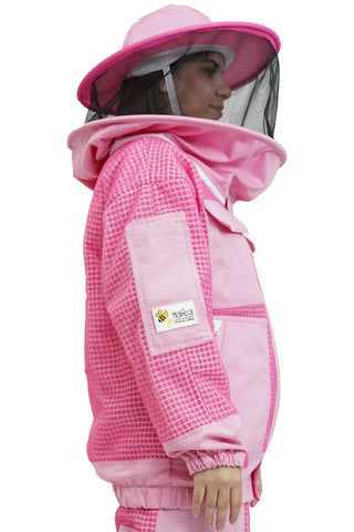 Pink 3 layer ventilated mesh beekeeping jacket side view with the round hat veil