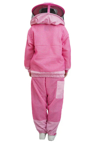 Pink 3 layer ventilated mesh beekeeping jacket and trouser set back view with the fencing veil