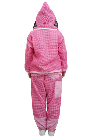 Pink 3 layer ventilated mesh beekeeping jacket and trouser set back view with the veil hood folded up at the back