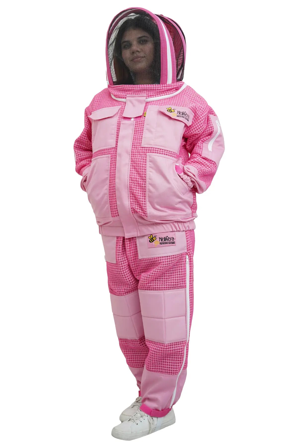 Pink 3 layer ventilated mesh beekeeping jacket and trouser set front view with the round hat veil