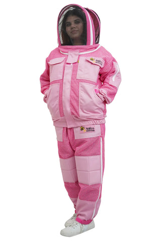 Pink 3 layer ventilated mesh beekeeping jacket and trouser set front view with the round hat veil