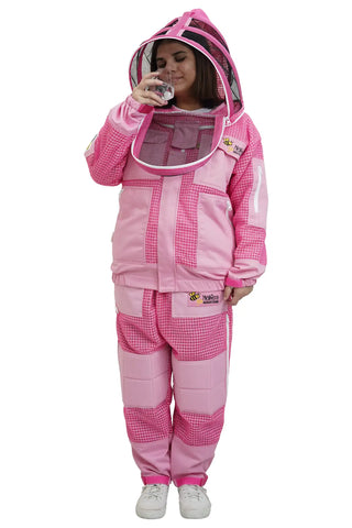 
Beekeeper drinking water through the round veil of the pink 3 layer ventilated mesh beekeeping jacket and trouser set
