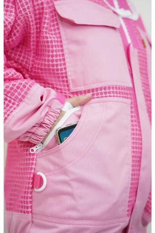 Pink 3 layer ventilated mesh beekeeping jacket and trouser set product view showing the side pocket