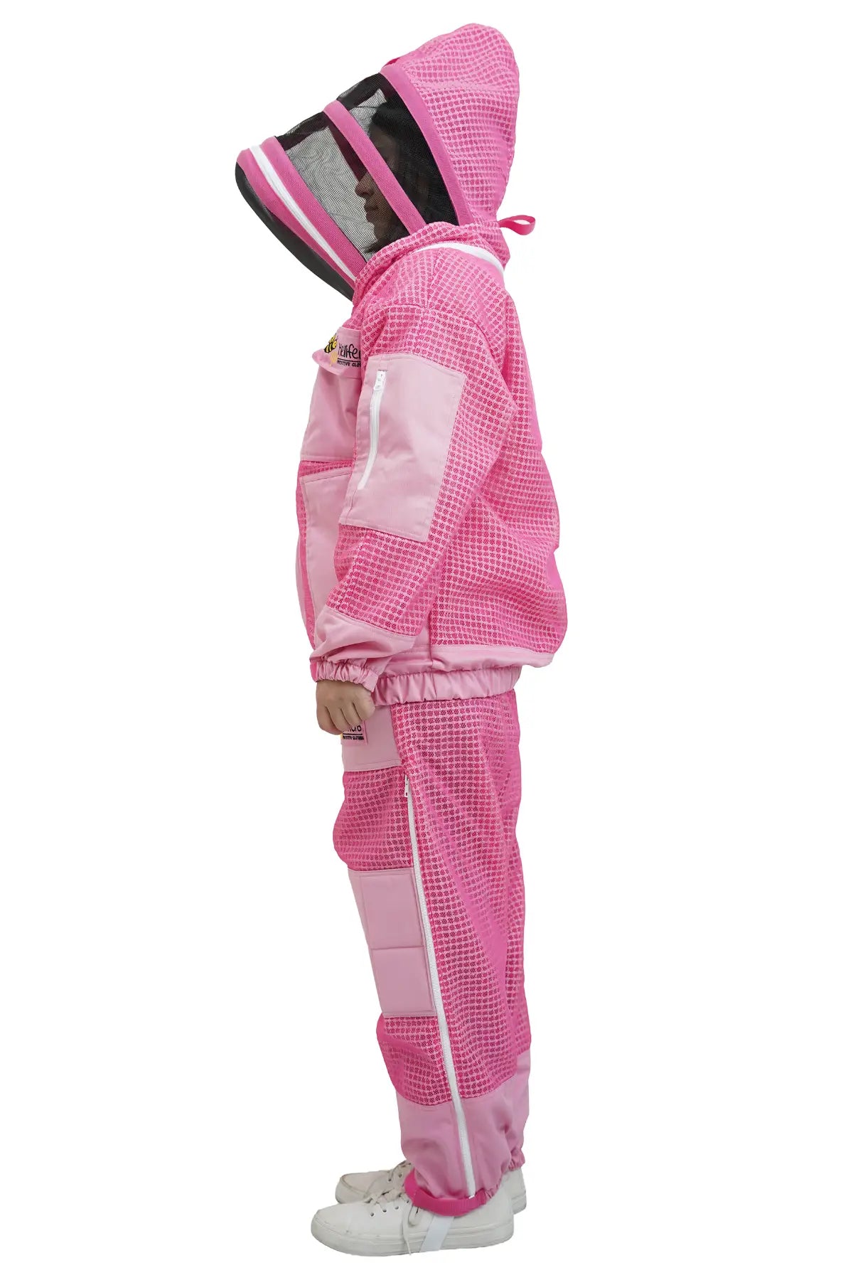 Pink 3 layer ventilated mesh beekeeping jacket and trouser set side view with the fencing veil