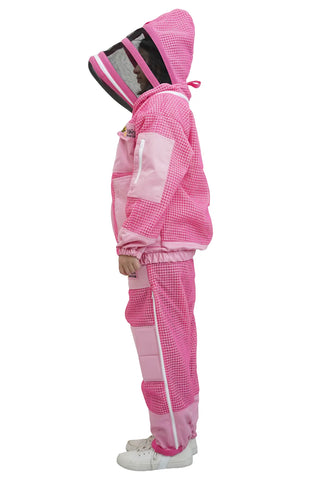 Pink 3 layer ventilated mesh beekeeping jacket and trouser set side view with the fencing veil