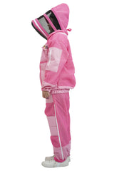 Pink 3 layer ventilated mesh beekeeping jacket and trouser set side view with the fencing veil