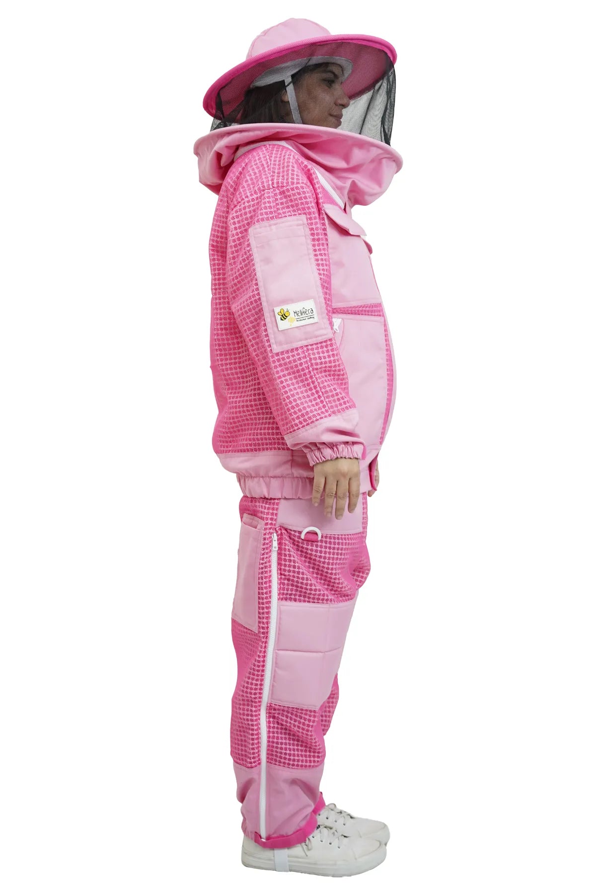 Pink 3 layer ventilated mesh beekeeping jacket and trouser set side view with the round hat veil