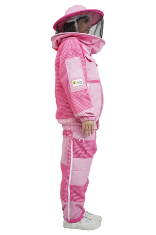 Pink 3 layer ventilated mesh beekeeping jacket and trouser set side view with the round hat veil