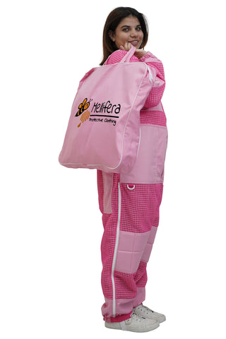 Pink 3 layer ventilated mesh beekeeping suit packed inside its branded carry storage bag