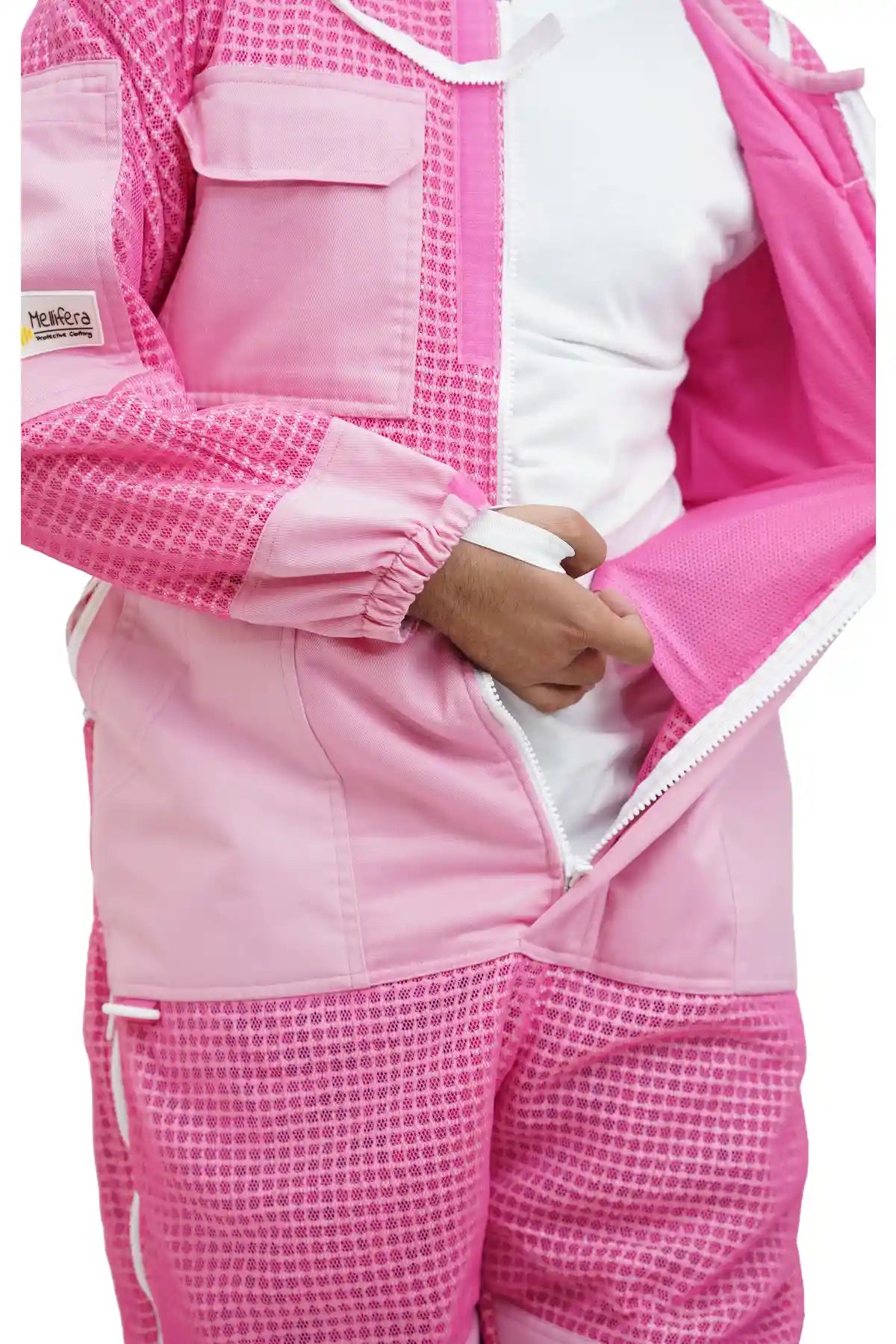 Close-up of the chest pocket and front zipper on the pink 3 layer ventilated mesh beekeeping suit