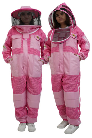 Pink 3 layer ventilated mesh beekeeping suit shown on two models wearing the fencing veil and the round hat veil