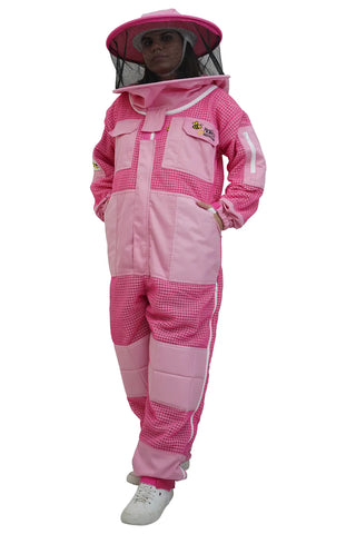 Pink 3 layer ventilated mesh beekeeping suit front view with the fencing veil