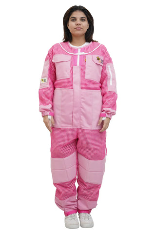 Pink 3 layer ventilated mesh beekeeping suit front view with the veil removed