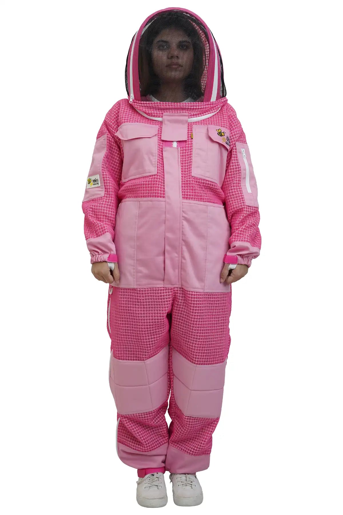 Pink 3 layer ventilated mesh beekeeping suit front view with the round hat veil