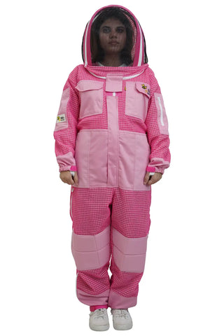 Pink 3 layer ventilated mesh beekeeping suit front view with the round hat veil