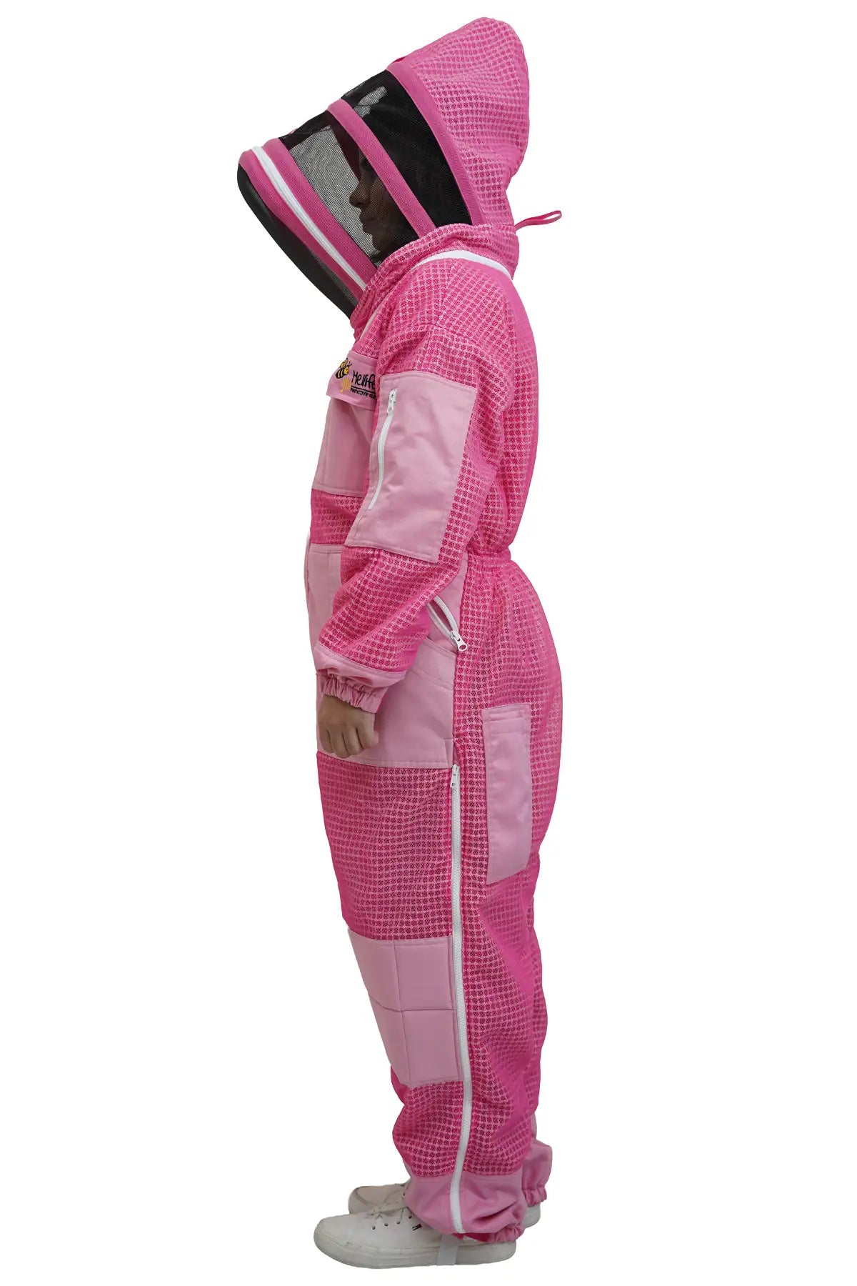 Pink 3 layer ventilated mesh beekeeping suit side view with the veil folded down