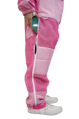 Close-up of the thigh pocket on the pink 3 layer ventilated mesh beekeeping suit