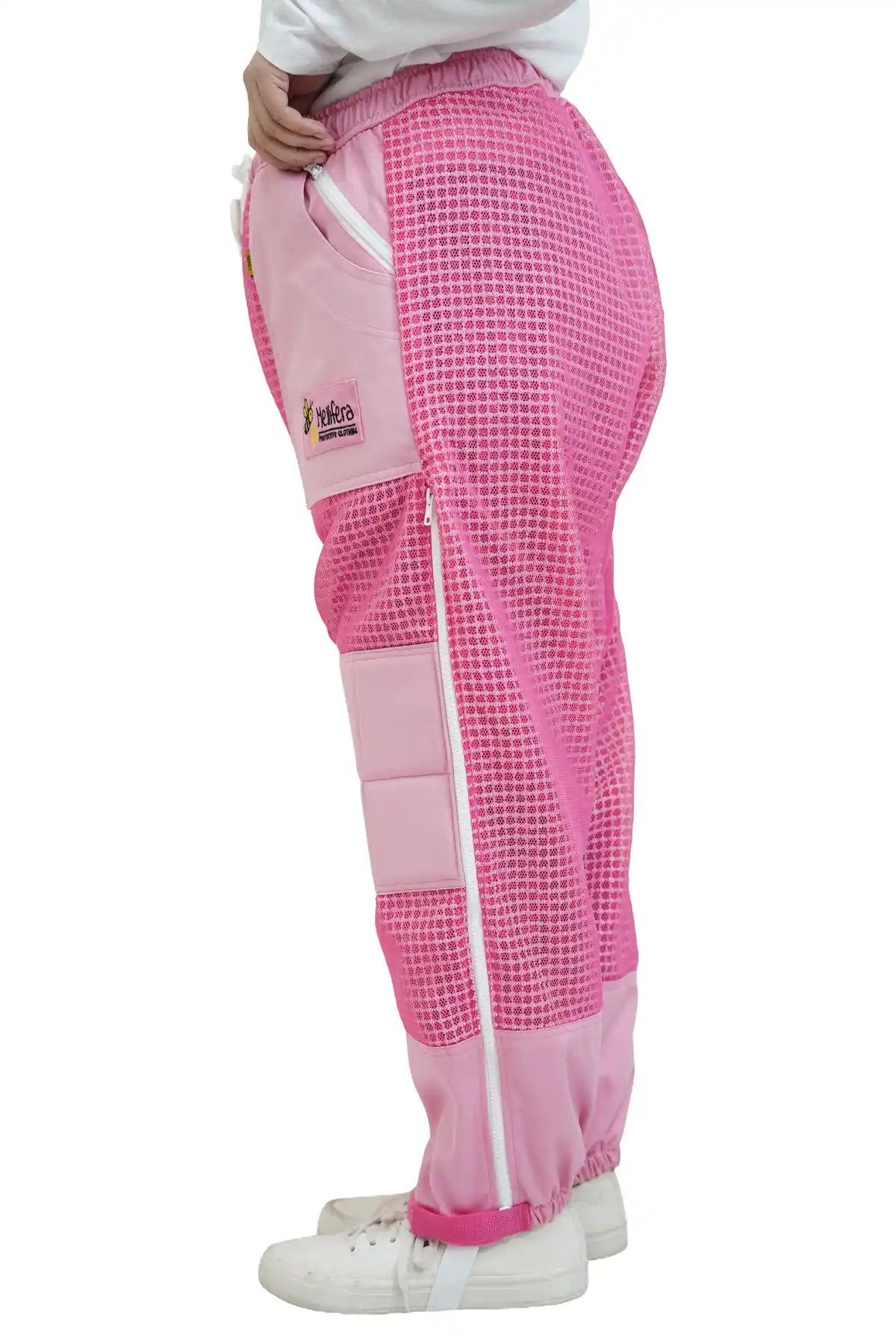 Pink 3 layer ventilated mesh beekeeping trousers side and back view