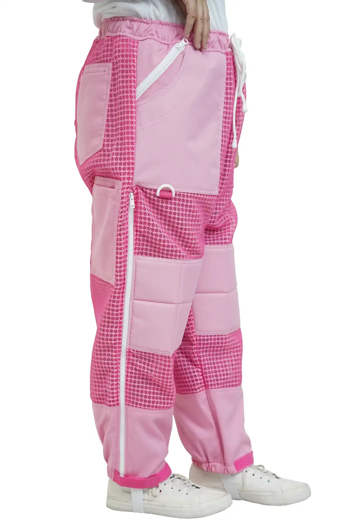 Pink 3 layer ventilated mesh beekeeping trousers side view showing the full length leg zipper