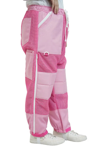 Pink 3 layer ventilated mesh beekeeping trousers side view showing the full length leg zipper