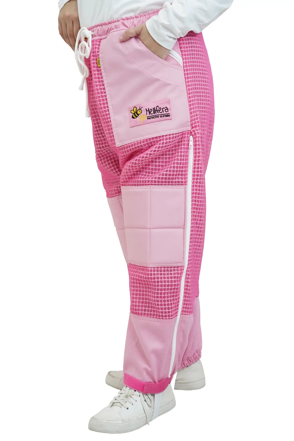 Pink 3 layer ventilated mesh beekeeping trousers side view showing the side pocket