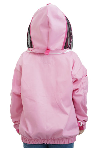 Pink poly cotton beekeeping jacket back view with the veil hood folded up at the back